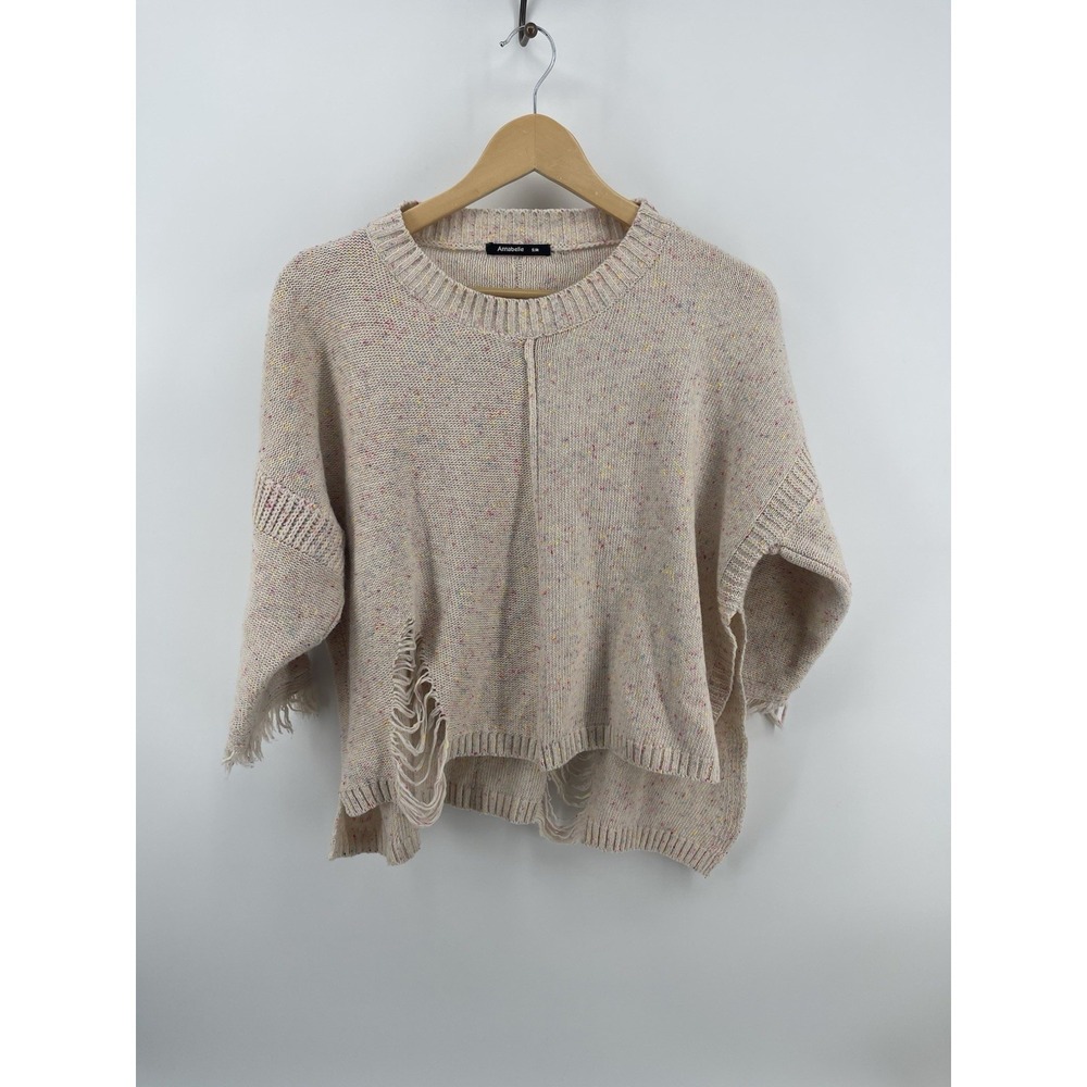 Annabelle Distressed Knit Sweater Women S/M Beige Speckled Fringe Oversized Boho